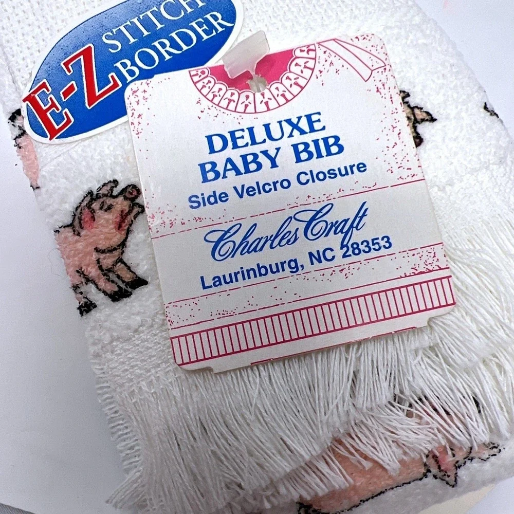 VINTAGE 1980s Charles Craft‎ Deluxe Baby Bib Pig Print Cross Stitch NOS Made USA